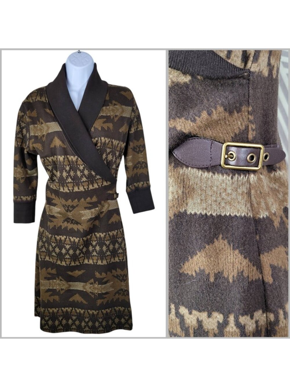 RALPH LAUREN Indian Blanket Knit Dress XS Side Buckle Southwest Aztec Brown Tan